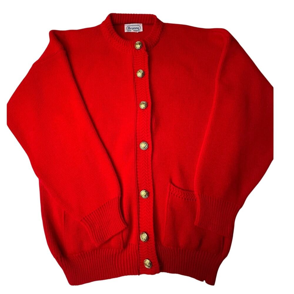 Brunny Red Cardigan Gold Buttons Acrylic Knit Pocketed Crew Neck Preppy Vintage
